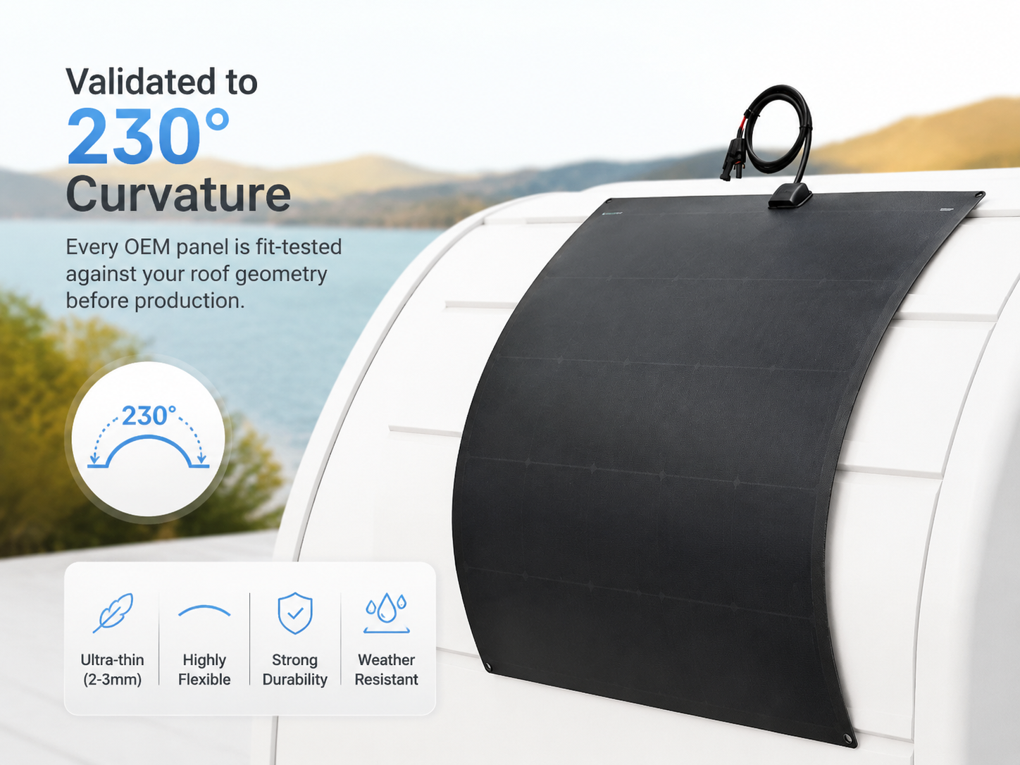 Validated to 230° curvature — fit-tested against your roof geometry