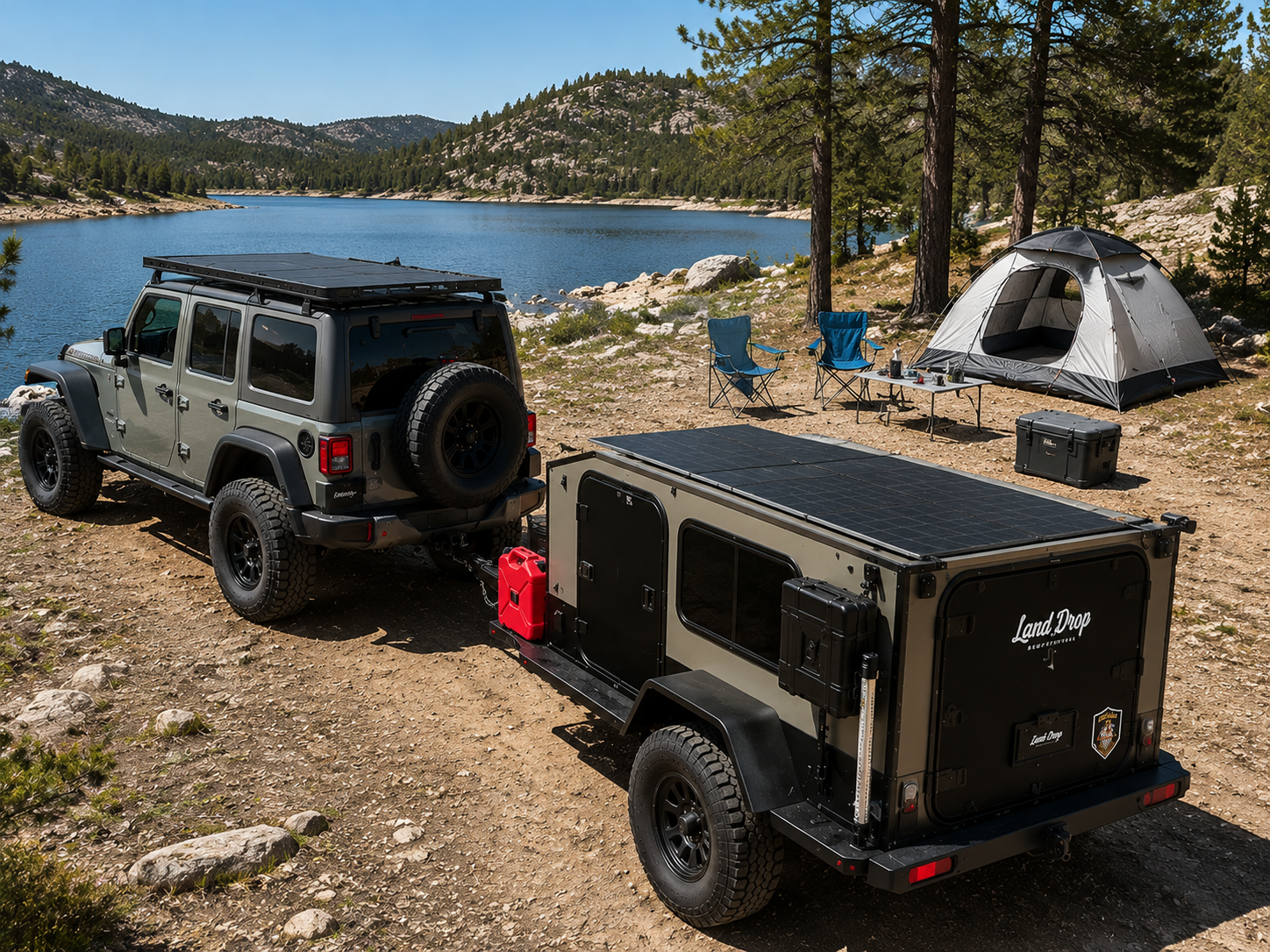 Off-road camping trailer with integrated solar at a lakeside camp